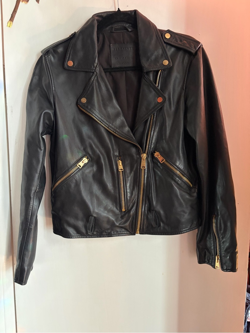 All Saints Black Leather Biker Jacket women’s size 8
